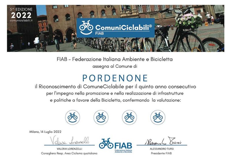 Pordenone bandiera gialla della ciclabilità